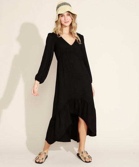 Vestido-Feminino-Midi-com-Babado-Manga-Longa-Bufante-Decote-V-Preto-9963625-Preto_1