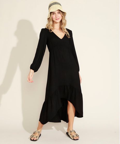 Vestido-Feminino-Midi-com-Babado-Manga-Longa-Bufante-Decote-V-Preto-9963625-Preto_1