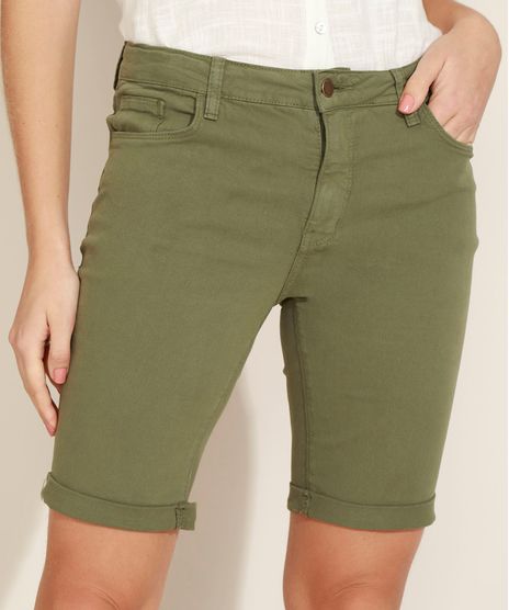 Bermuda-de-Sarja-Feminina-Ciclista-Cintura-Media-com-Barra-Dobrada-Verde-Militar-9968126-Verde_Militar_1