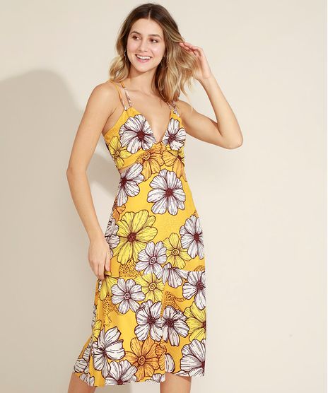 Vestido-Feminino-Midi-Estampado-Floral-com-Recorte-Vazado-Decote-V-Alcas-Finas-Amarelo-9963528-Amarelo_1