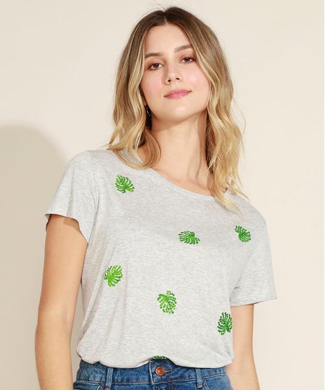 Blusa-Feminina-com-Bordado-de-Folhas-em-Paete-Manga-Curta-Decote-Redondo-Cinza-Mescla-9969602-Cinza_Mescla_1