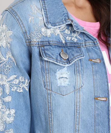 jaqueta jeans bordada feminina