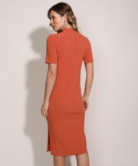 Vestido-Feminino-Midi-Canelado-Comfy-com-Fenda-Manga-Curta-Gola-Alta-Laranja-9953194-Laranja_2
