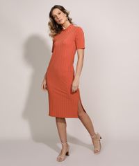 Vestido-Feminino-Midi-Canelado-Comfy-com-Fenda-Manga-Curta-Gola-Alta-Laranja-9953194-Laranja_3