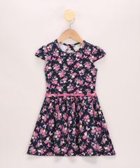 Vestido-Infantil-Estampado-Floral-Manga-Curta-com-Cinto-Azul-Marinho-9965276-Azul_Marinho_1