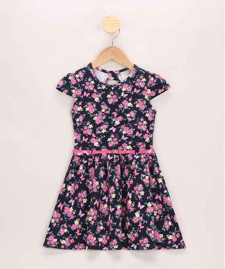 Vestido-Infantil-Estampado-Floral-Manga-Curta-com-Cinto-Azul-Marinho-9965276-Azul_Marinho_1