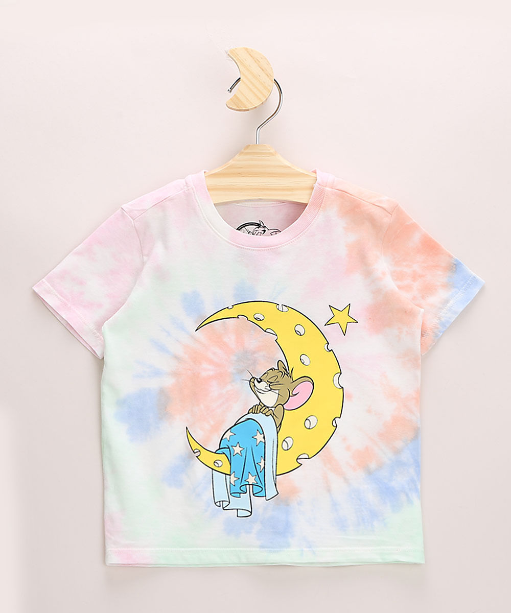 Camiseta Infantil Tom e Jerry Estampado Tie Dye Manga Curta Gola Careca Multicor