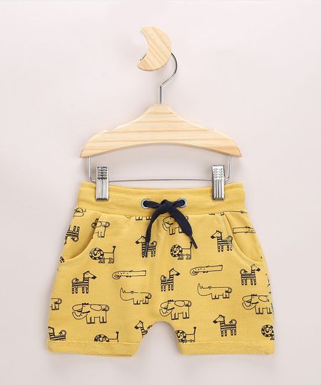 Short-de-Moletom-Infantil-Estampada-de-Bichos-com-Cordao-e-Bolsos-Amarelo-9957228-Amarelo_1