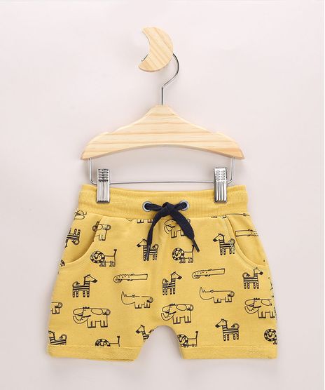 Short-de-Moletom-Infantil-Estampada-de-Bichos-com-Cordao-e-Bolsos-Amarelo-9957228-Amarelo_1