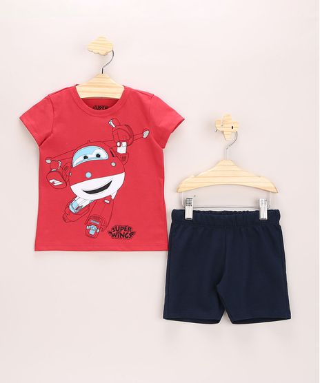 Conjunto-Infantil-de-Camiseta-Super-Wings-Manga-Curta-Vermelha---Bermuda-de-Moletom-Preto-9963493-Preto_1