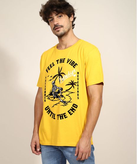 Camiseta-Masculina-Caveira--Feel-the-Vibe--Flocada-Manga-Curta-Gola-Careca-Amarela-9970410-Amarelo_1