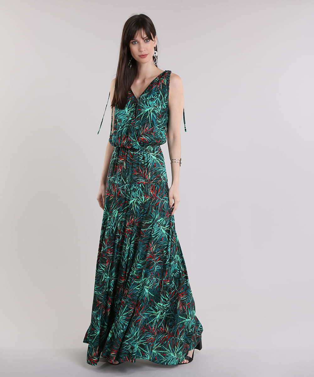 vestido verde florido longo