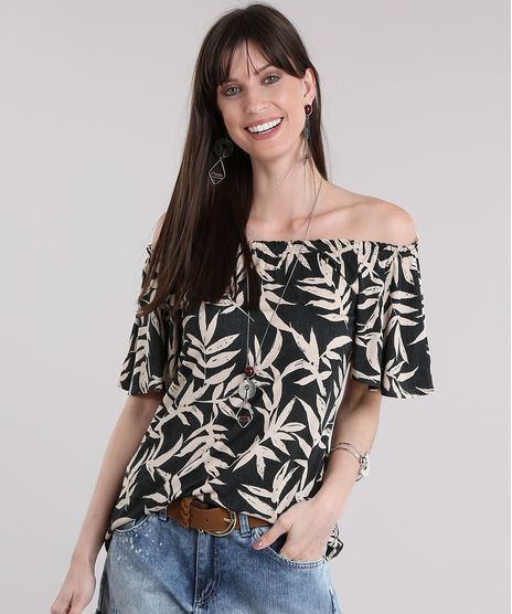 Blusa-Ombro-a-Ombro-Estampada-de-Folhagem-Verde-Militar-8806832-Verde_Militar_1
