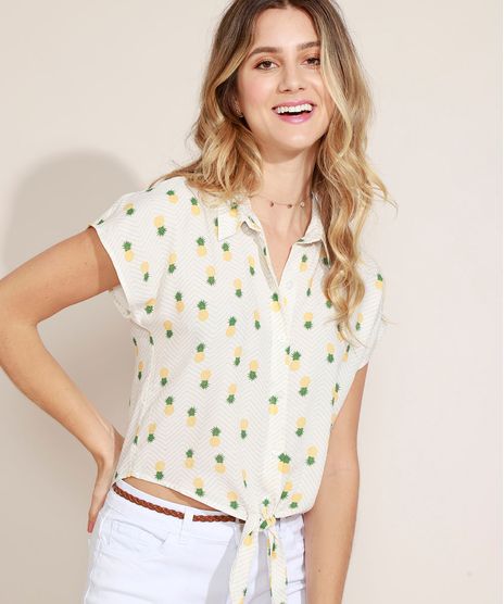 Camisa-Feminina-Cropped-Estampado-de-Abacaxis-com-No-Manga-Curta-Off-White-9967612-Off_White_1
