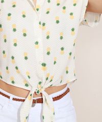 Camisa-Feminina-Cropped-Estampado-de-Abacaxis-com-No-Manga-Curta-Off-White-9967612-Off_White_5