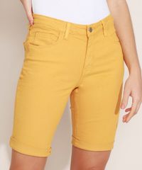 Bermuda-de-Sarja-Feminina-Ciclista-Cintura-Alta-com-Bolsos-Mostarda-9968128-Mostarda_1