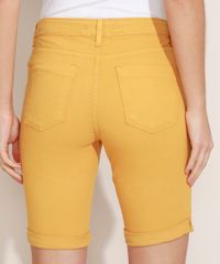 Bermuda-de-Sarja-Feminina-Ciclista-Cintura-Alta-com-Bolsos-Mostarda-9968128-Mostarda_2