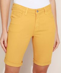 Bermuda-de-Sarja-Feminina-Ciclista-Cintura-Alta-com-Bolsos-Mostarda-9968128-Mostarda_5