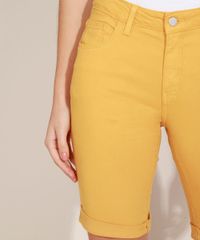 Bermuda-de-Sarja-Feminina-Ciclista-Cintura-Alta-com-Bolsos-Mostarda-9968128-Mostarda_6