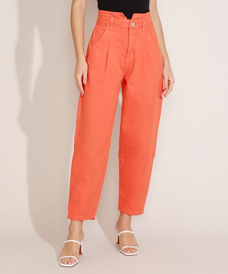 Calca-de-Sarja-Feminina-Baggy-Cintura-Super-Alta-com-Bolsos-Laranja-9971220-Laranja_1