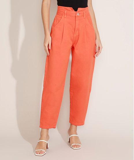 Calca-de-Sarja-Feminina-Baggy-Cintura-Super-Alta-com-Bolsos-Laranja-9971220-Laranja_1