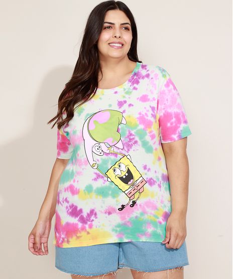 Blusa-Feminina-Plus-Size-Bob-Esponja-e-Patrick-Estampada-Tie-Dye-Manga-Curta-Decote-Redondo-Multicor-9971412-Multicor_1