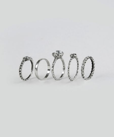 Kit de 5 Anéis Prateado Menor preço em Kit de 5 Anéis Prateado