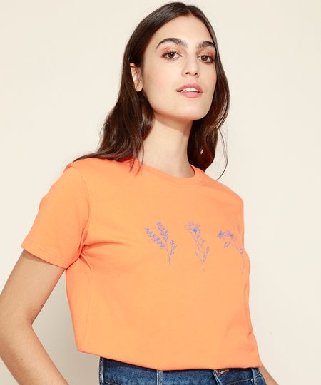 T-Shirt-Feminina-Mindset-Flores-Manga-Curta-Decote-Redondo-Laranja-9975499-Laranja_1