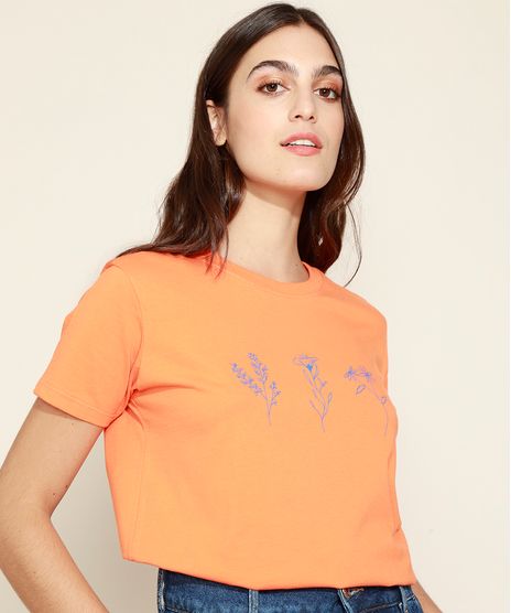 T-Shirt-Feminina-Mindset-Flores-Manga-Curta-Decote-Redondo-Laranja-9975499-Laranja_1