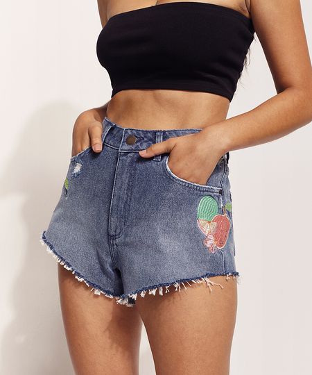 Short-Jeans-Feminino-Feline-Cintura-Alta-Lateral-Curta-com-Bordado-de-Frutas-Azul-Medio-9970323-Azul_Medio_1