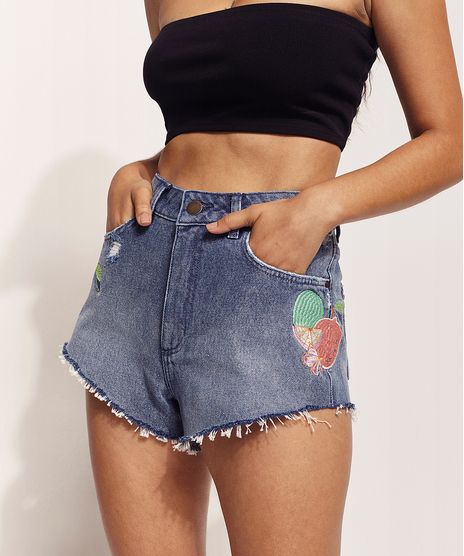 Short-Jeans-Feminino-Feline-Cintura-Alta-Lateral-Curta-com-Bordado-de-Frutas-Azul-Medio-9970323-Azul_Medio_1