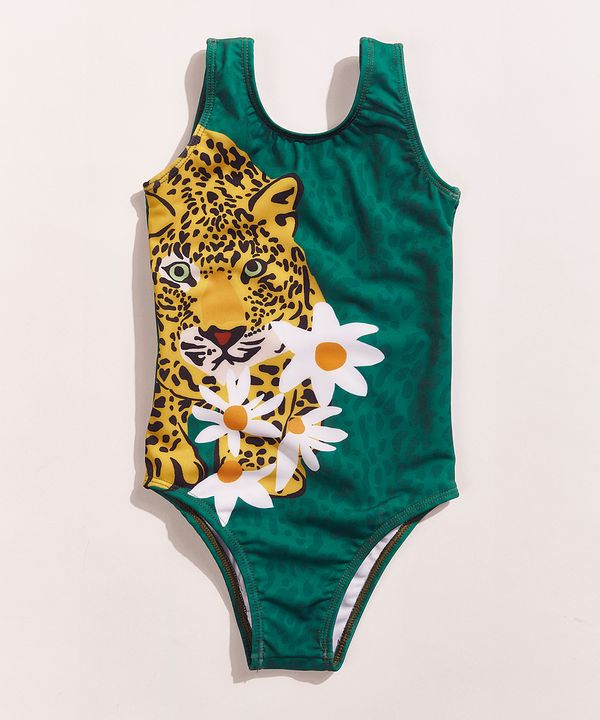 Maiô Body Infantil Bebê e Kids Feline Tal Mãe Tal Filha Estampado Animal Print Onça com Margarida Proteção UV50+ Verde Escuro 10