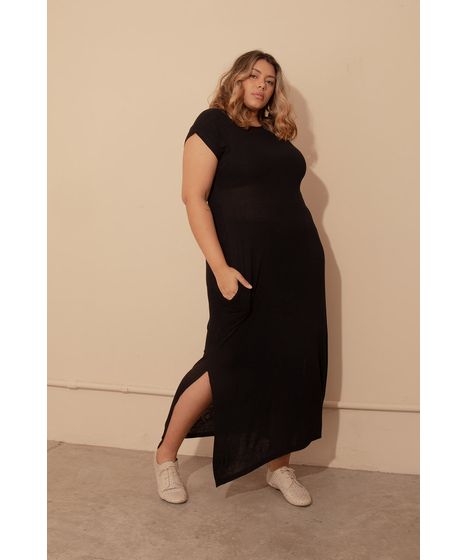 vestido longo preto com fenda plus size