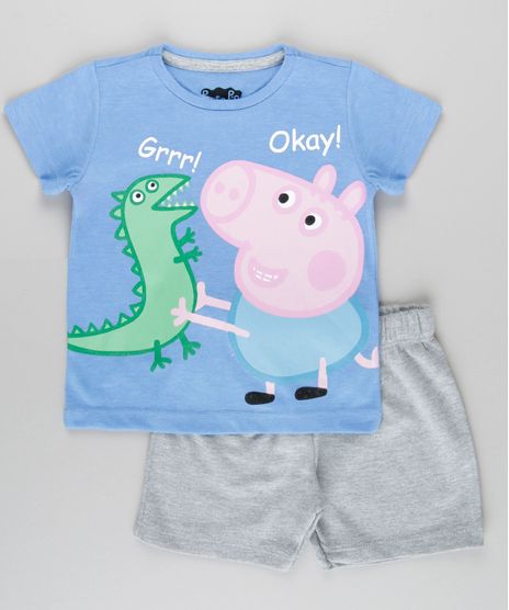 Conjunto-George-Peppa-Pig-de-Camiseta-Azul---Bermuda-em-Moletom-Cinza-Mescla-8827211-Cinza_Mescla_1