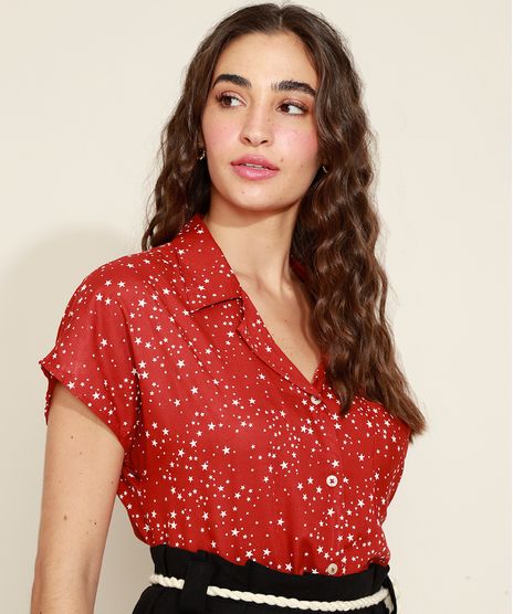 Camisa-Feminina-Estampada-de-Estrelas-Manga-Curta--Vermelha-9965647-Vermelho_1
