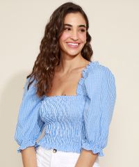 Blusa-Feminina-Cropped-Estampada-Xadrez-Vichy-com-Lastex-Manga-Bufante-Decote-Reto-Azul-9972551-Azul_1