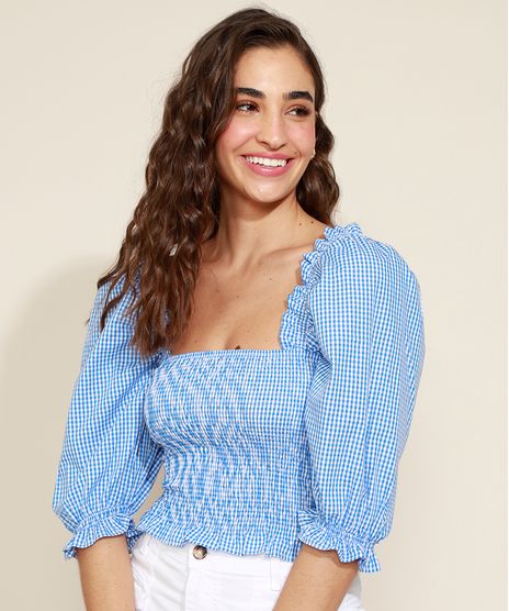 Blusa-Feminina-Cropped-Estampada-Xadrez-Vichy-com-Lastex-Manga-Bufante-Decote-Reto-Azul-9972551-Azul_1