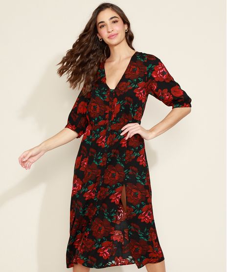 Vestido-Feminino-Midi-Estampado-Floral-Manga-3-4-Preto-9887230-Preto_1