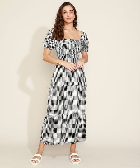 Vestido-Feminino-Longo-Estampado-Xadrez-Vichy-com-Lastex-e-Recortes-Manga-Bufante-Preto-9974676-Preto_1