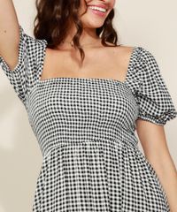 Vestido-Feminino-Longo-Estampado-Xadrez-Vichy-com-Lastex-e-Recortes-Manga-Bufante-Preto-9974676-Preto_4