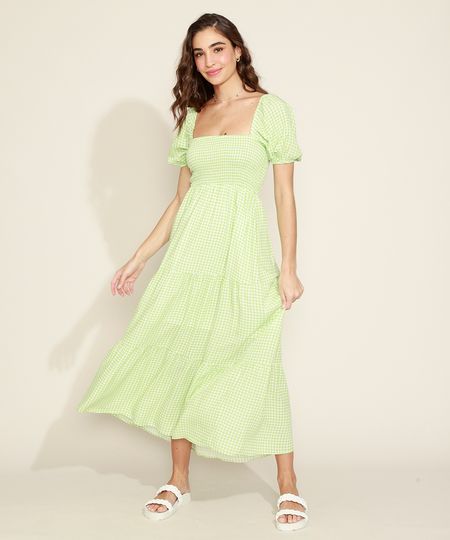 Vestido-Feminino-Longo-Estampado-Xadrez-Vichy-com-Lastex-e-Recortes-Manga-Bufante-Verde-9974676-Verde_1