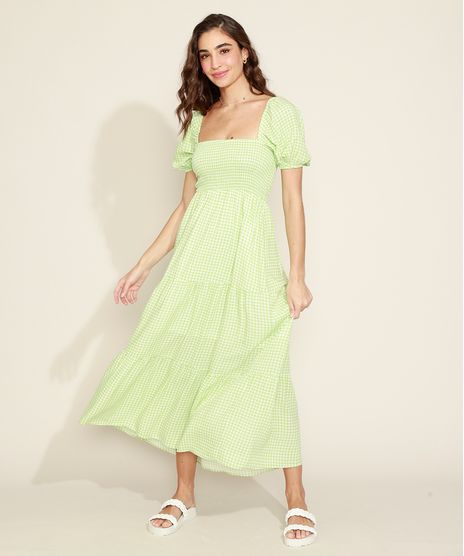 Vestido-Feminino-Longo-Estampado-Xadrez-Vichy-com-Lastex-e-Recortes-Manga-Bufante-Verde-9974676-Verde_1