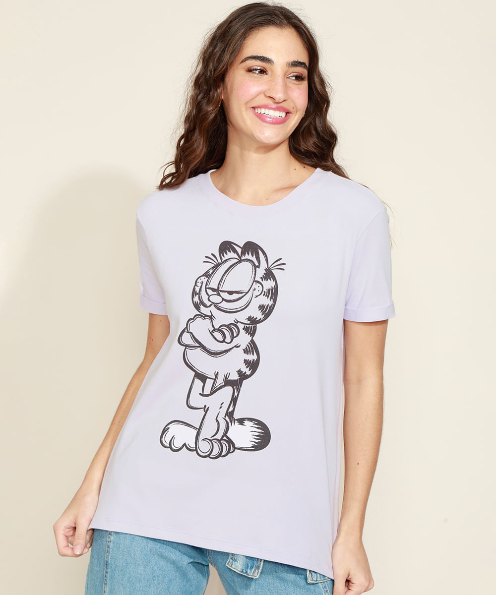 Blusa Feminina Garfield Manga Curta Decote Redondo Lilás