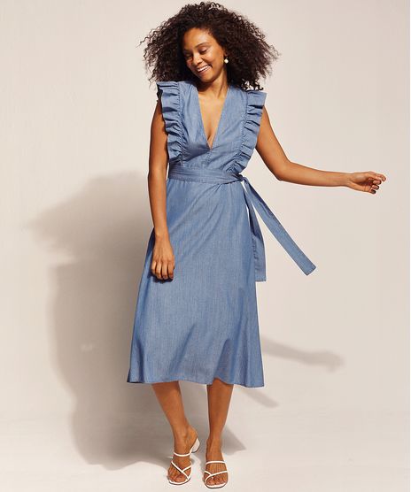 Vestido-Jeans-Feminino-EMI-Beachwear-Midi-com-Babados-e-Decote-V-Azul-Medio-9970570-Azul_Medio_1