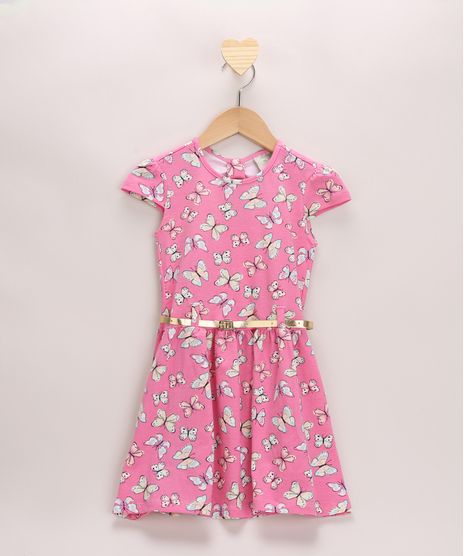 Vestido-Infantil-Estampado-de-Borboletas-Manga-Curta-com-Cinto-Rosa-9965275-Rosa_1