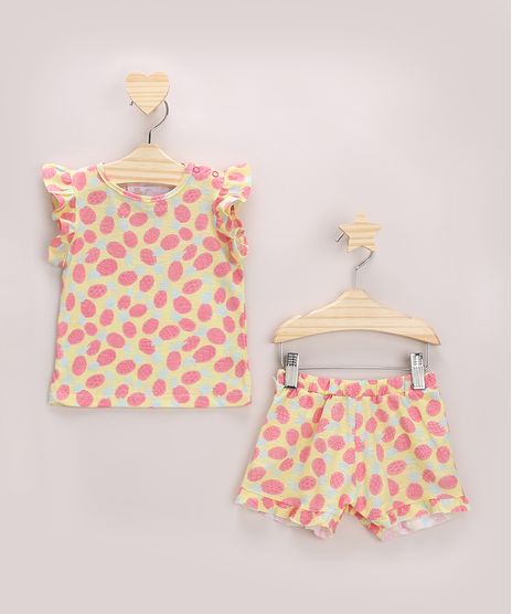Conjunto-Infantil-Estampada-de-Abacaxi-de-Blusa-com-Babados-Manga-Curta---Short-Amarelo-Claro-9968270-Amarelo_Claro_1
