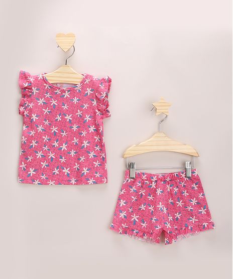 Conjunto-Infantil-Estampada-Floral-de-Blusa-com-Babados-Manga-Curta---Short-Rosa-9968275-Rosa_1