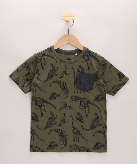 Camiseta-Infantil-Jurassic-Park-Estampado-com-Bolso-Manga-Curta-Gola-Careca-Verde-Militar-9967029-Verde_Militar_1