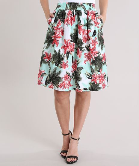 Saia-Evase-Estampada-Floral-com-Folhagens-Verde-Claro-8757684-Verde_Claro_1