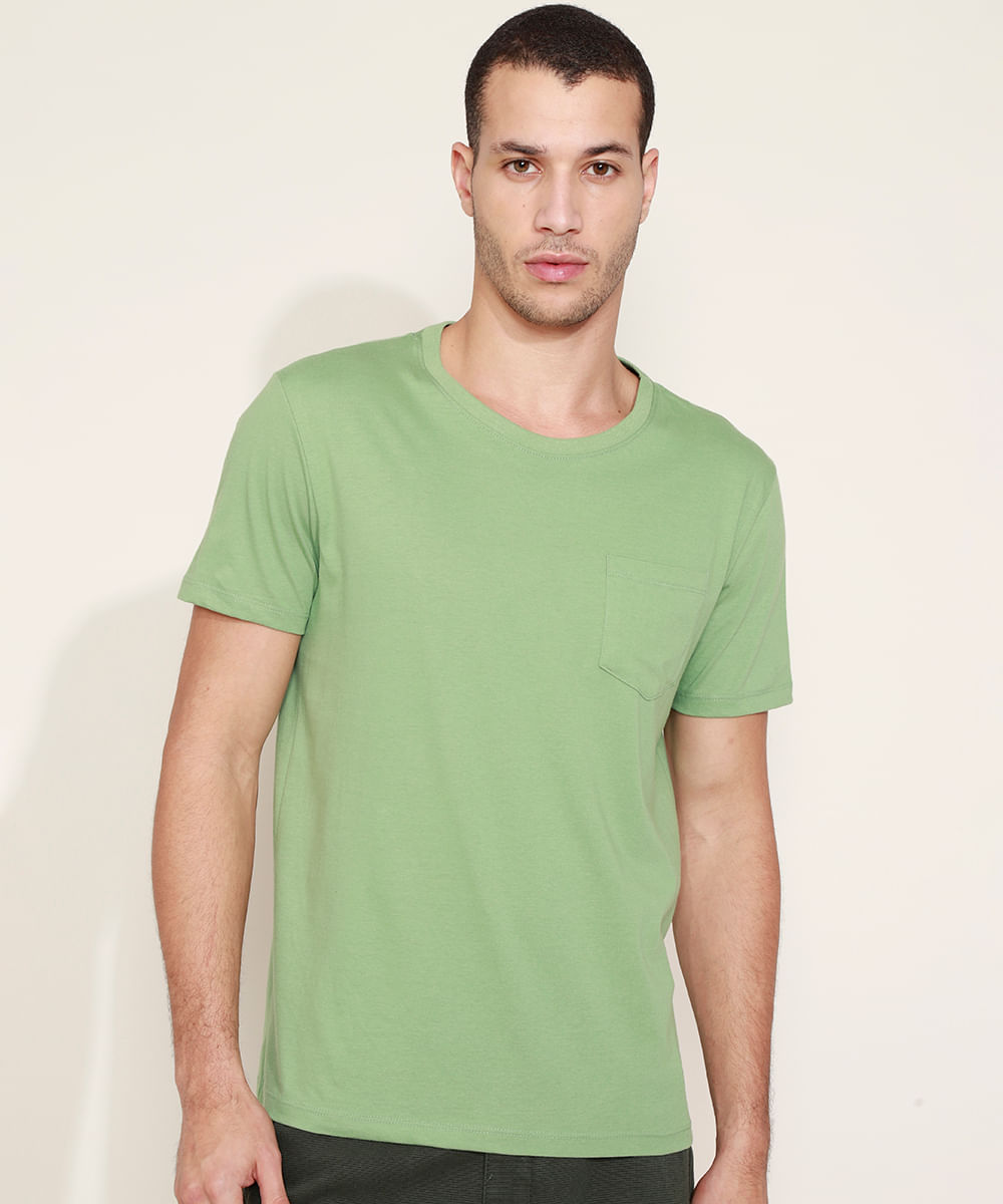 Camiseta Masculina com Bolso Manga Curta Gola Careca Verde